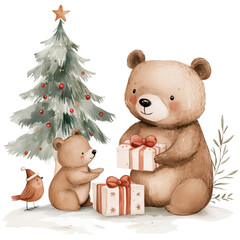 Woodland mama bear and baby with Christmas gift and tree
