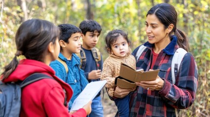 Fototapeta premium A group of children learns about nature from a guide holding a notebook while surrounded by trees. They actively participate, showcasing curiosity and engagement in the environment
