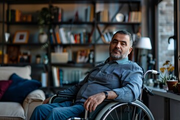 Fototapeta premium Middle-aged Middle Eastern man in a wheelchair works from his home office. , background blur