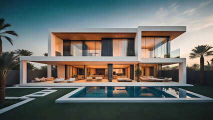 modernes Haus mit Pool im Sonnenuntergang