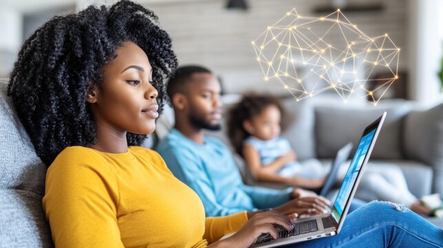 A woman and a man work on their laptops while a child plays nearby in a comfortable living room. The atmosphere is relaxed and focused, highlighting modern technology in family life