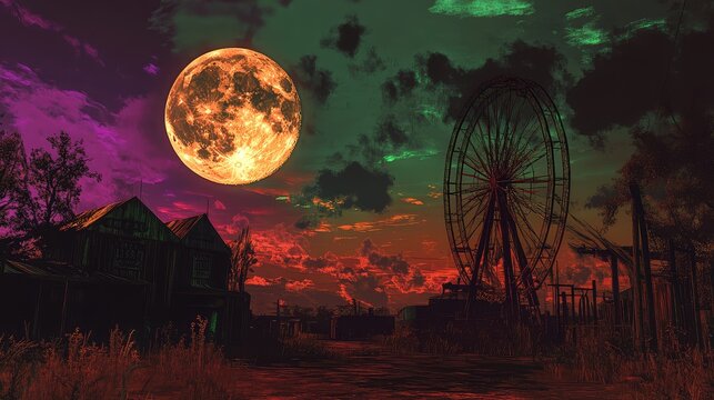 Haunted carnival illuminated by the harvest moon, set against a dystopian skyline, purple and green skies with orange-kissed clouds