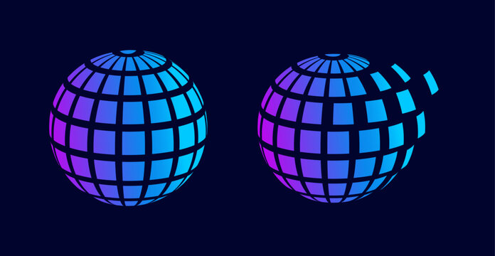 Dispersing globe made up of pixels can be used as a logo for tech companies or as a graphic element in the background to enhance futuristic style. world dissolving into air. Abstract geometric shape 