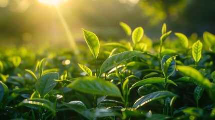 Obraz premium Sprouts of green tea plantation at sunrise