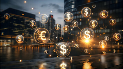 Glowing Abstract Cash Symbols and Floating Acquisition Icons Representing Financial Transactions and Corporate Mergers - Ideal for Business Marketing