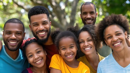 Obraz premium A lively family is enjoying a warm afternoon in the park, smiling and embracing each other. Children and adults share joyful moments, surrounded by natureвЂ™s greenery