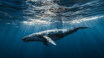 Fototapeta premium A humpback whale swims gracefully through the deep blue ocean, illuminated by beams of sunlight.