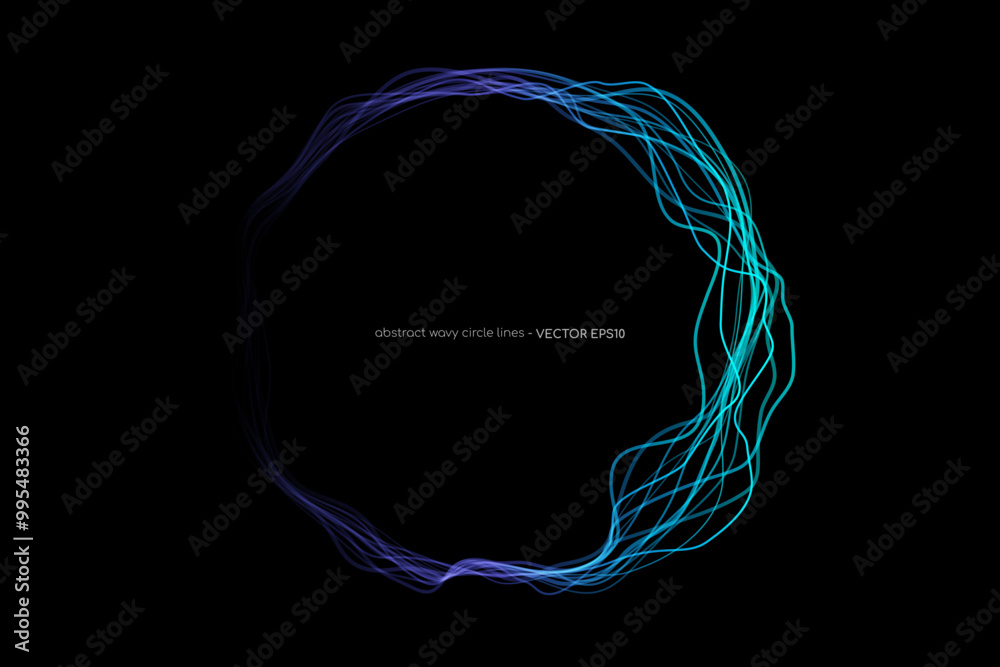 Leinwandbilder Abstract vector wavy dynamic blue light lines circle swirl round frame isolated on black background in concept technology, neural network, neurology, science, music.
