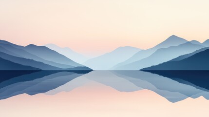 Obraz premium Minimalist landscape of mountains reflected in water, with subtle gradients and soft, calming colors evoking a tranquil mood