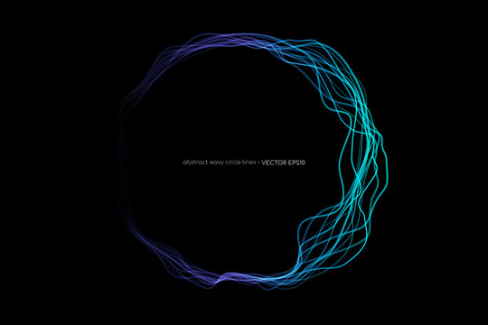 Abstract vector wavy dynamic blue light lines circle swirl round frame isolated on black background in concept technology, neural network, neurology, science, music.
