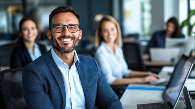 A group of enthusiastic professionals working together in a contemporary office, showcasing teamwork and positivity during a busy workday filled with collaboration
