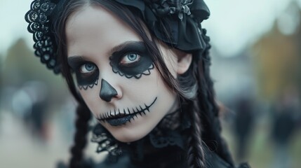 The young woman showcases intricate skeleton makeup, featuring dark accents and braids, while surrounded by a festive autumn atmosphere and blurred festival attendees in the background