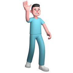 Professional Nurse Character in 3D. A male nurse is seen walking while waving his right hand, as if greeting. Male