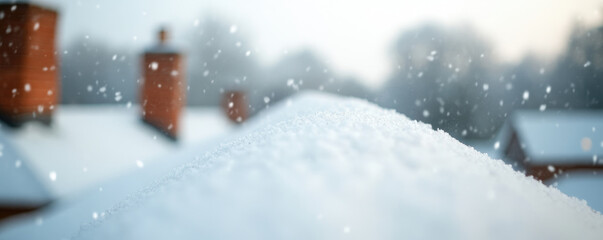 Snow-covered rooftops, chimneys rising, distant town nestled in winter's embrace, serene landscape under a soft blanket of snow