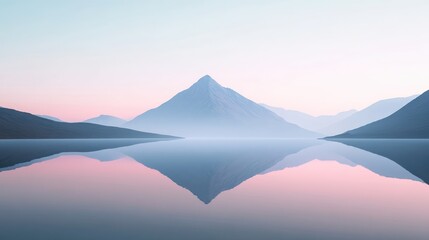 Minimalist mountain reflection in still water, with soft pastel hues and smooth gradients, capturing a sense of calm and simplicity