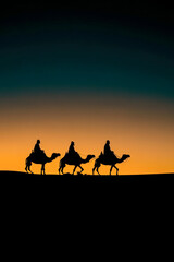 Silhouette of three wise men on camels at sunset
