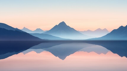 Simple mountain silhouette mirrored in still water, with delicate gradients of pastel tones, forming a peaceful and serene composition