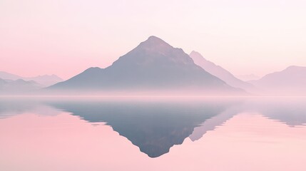 Simple mountain silhouette reflected in calm water, with soft pastel tones and a minimalist aesthetic, creating a tranquil visual