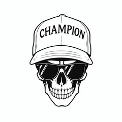 a black and white illustration of a skull wearing a baseball cap with the word CHAMPION