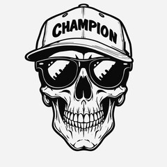 a black and white illustration of a skull wearing a baseball cap with the word CHAMPION