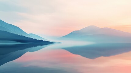 Fototapeta premium Soft minimalist mountain scene, reflected in glassy water, with gentle color transitions and a calming, tranquil ambiance