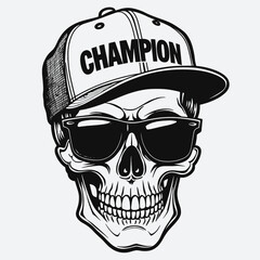 a black and white illustration of a skull wearing a baseball cap with the word CHAMPION