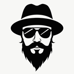 a black and white silhouette of a man's face. The man has a mustache and a beard, and he is wearing a fedora hat