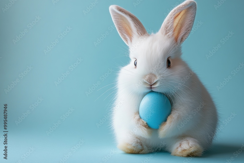 Wall mural Adorable White Bunny Holding Blue Easter Egg