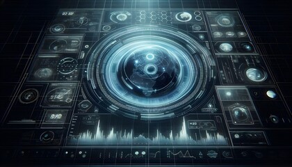 Fototapeta premium Hologram projection on a digital screen with different data and parameters.