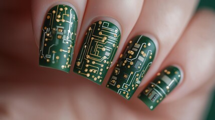 Creative nail art featuring a green circuit board design with gold accents and electronic components showcased on a hand