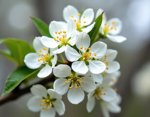 Obraz premium 緑の葉を持つ枝に黄色い雄しべを持つ白い花の接写。