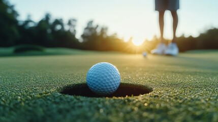 A close-up of a golf ball just inches from the hole at sunset, showcasing a serene golfing experience and perfect moment.
