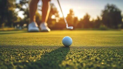 A close-up of a golf ball on lush green grass with a player preparing to putt in a beautiful sunset setting.