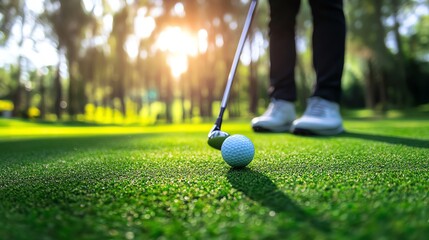 A golfer prepares to putt a ball on a sunlit green, showcasing skill and focus in a serene outdoor setting.
