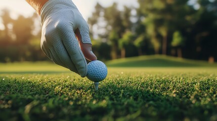 A golfer prepares to tee off, carefully placing the ball on the lush green grass under the warm glow of sunset.