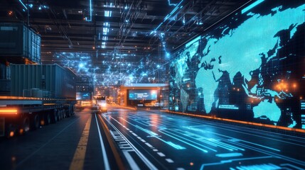 A digital freight forwarder headquarters, where holographic maps show global shipping lanes, and AI-driven algorithms optimize routes and schedules, representing the seamless integration of technology