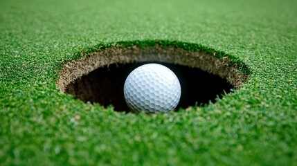 Close-up of a golf ball resting in a hole on a vibrant green golf course, showcasing precision and focus in the sport.