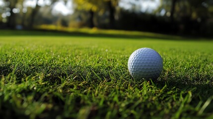 Obraz premium Close-up of a golf ball resting on lush green grass, ideal for sports and outdoor themes.