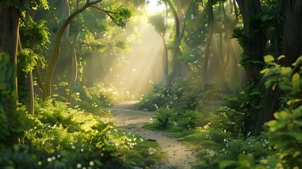 Obraz premium A serene forest path illuminated by sunlight, surrounded by lush greenery and vibrant plants.