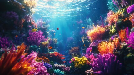 A beautiful coral garden in vibrant colors teeming with sea life