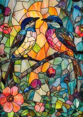 Stained glass window with colorful birds and flowers, vibrant nature artwork
