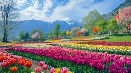 Tulip garden, beautiful view, very beautiful work, the background is a snowy mountain.