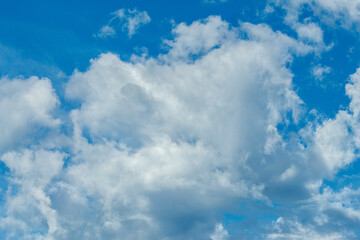The image depicts a serene and expansive sky filled with a variety of fluffy, white clouds against a vibrant blue backdrop.