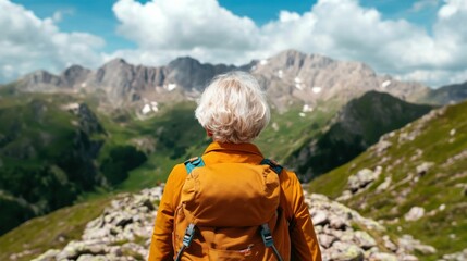 Elderly woman with short white hair wearing an orange backpack, standing on a rocky trail, admiring the mountains on a bright day..