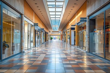 The interior of the shopping mall with a lot of plants