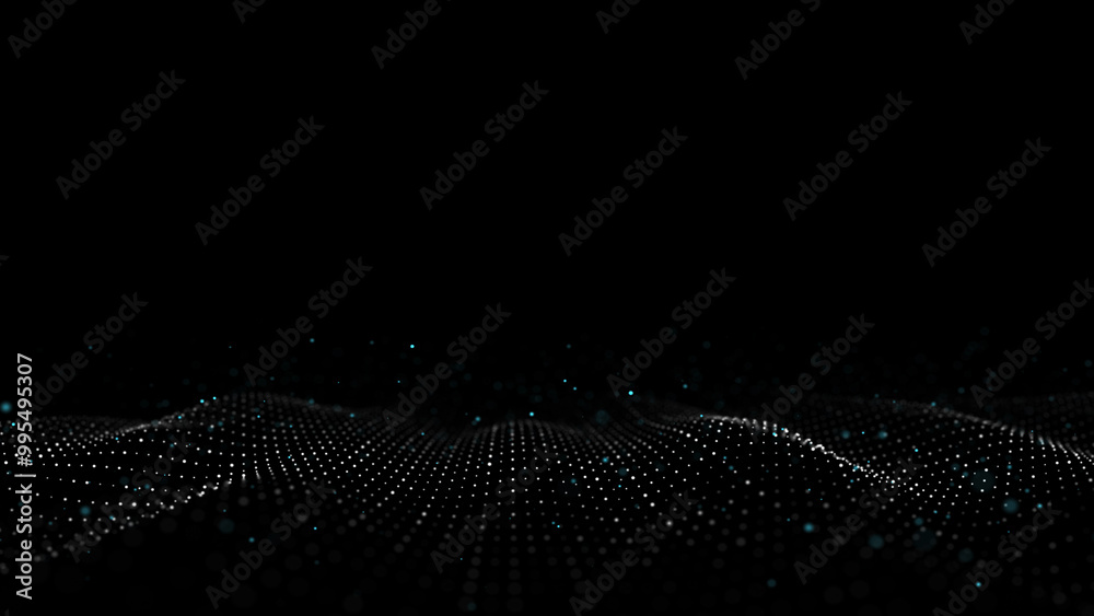 Poster dynamic sound wave of particles. music futuristic flow. abstract technology background. 3d rendering