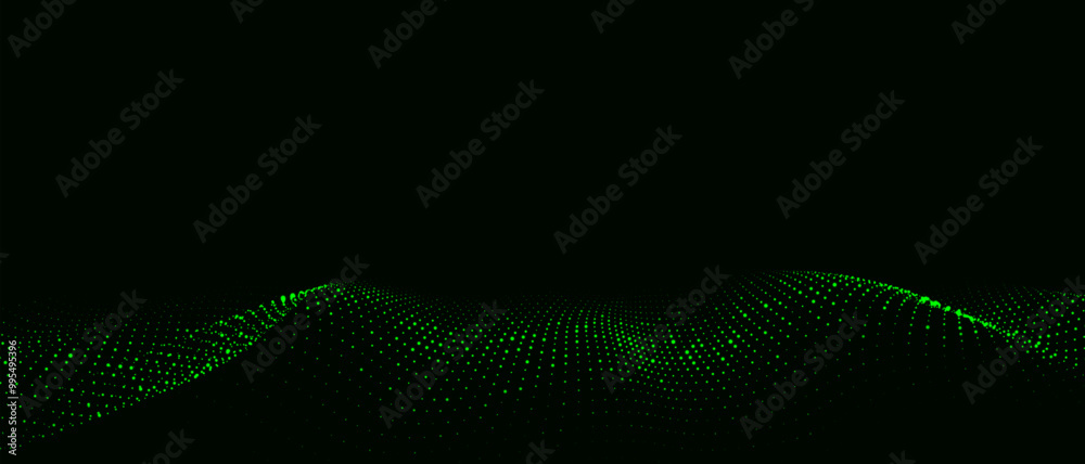 Poster dynamic green bright particle wave. futuristic point glowing wave. flow digital structure. data tech