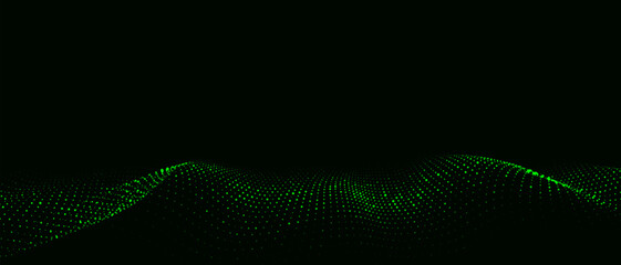 Dynamic green bright particle wave. Futuristic point glowing wave. Flow digital structure. Data technology background. Vector illustration.	