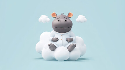cute hippo in cozy onesie sits peacefully on fluffy cloud, surrounded by soft clouds. This adorable scene evokes sense of calm and joy