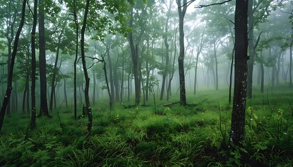 Foggy forest with pine trees in the foreground
